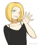  alternate_costume alternate_hairstyle black_shirt blonde_hair blue_eyes blush commentary_request eyelashes fingernails kagamine_rin looking_to_the_side older one_eye_closed outline poaro shirt short_hair simple_background solo strap twitter_username vocaloid waving white_background 