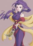  1girl absurdres ahoge bodysuit bodysuit_under_clothes breasts buttons cleavage earrings hair_slicked_back highres jewelry looking_at_viewer off_shoulder purple_eyes purple_hair rose_(street_fighter) side_slit sleeveless sleeveless_bodysuit solo street_fighter thighs turtleneck tyanoki 