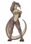  anthro armpits big_breasts black_sclera breast_grab breasts claws digitigrade female forked_tongue green_eyes hand_behind_head long_tongue looking_at_viewer lunate navel nipples nude plain_background pussy raised_arm reptile saliva scalie snake solo standing toe_claws tongue tongue_out white_background 