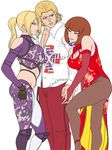  1boy 2girls anna_williams aunt blonde_hair breasts brown_hair ears family girl_sandwich gureko_rouman knees large_breasts legs lips midriff mother_and_son multiple_girls namco nina_williams ponytail sandwiched short_hair siblings sisters smile steve_fox tekken 