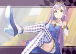  bare_shoulders blush crossed_legs elbow_gloves foreshortening gloves green_eyes high_heels jewelry long_hair looking_at_viewer necklace outbreak_company panties petralka_anne_eldant_iii purple_hair shirabi smile solo thighhighs tiara underwear white_gloves white_panties 