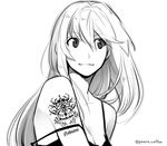  1girl breasts cleavage commentary_request from_side light_smile long_hair looking_to_side looking_to_the_side monochrome original poaro simple_background solo strap_slip tattoo twitter_username white_background 