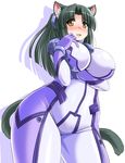  animal_ears blush bodysuit breast_hold breasts brown_eyes cat_ears cat_tail green_hair large_breasts long_hair milk_(tonpuu) open_mouth original ponytail purple_bodysuit simple_background smile solo tail tonpuu white_background white_bodysuit 