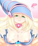  &lt;3 1boy 1girl blonde_hair blush breasts clothed dark_magician_girl duo female green_eyes hair hat heart jewelry karucho large_breasts long_hair lots_of_jewelry nipples paizuri paizuri_under_clothes penis smile solo very_long_hair yu-gi-oh! yuu-gi-ou_duel_monsters 