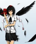  black_hair black_wings feathered_wings feathers hat kamukamu_(ars) looking_at_viewer mask red_eyes shameimaru_aya solo tengu_mask tokin_hat touhou wings 