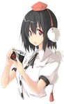  black_hair camera hat kamukamu_(ars) looking_at_viewer open_mouth red_eyes shameimaru_aya short_hair solo tokin_hat touhou 