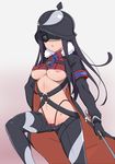  :&lt; areola_slip areolae breasts eyepatch frown fur_trim helmet highleg highleg_panties large_breasts long_hair lowleg lowleg_pants mask panties pants pickelhaube plamja-sama red_eyes sekai_seifuku:_bouryaku_no_zvezda shikabane_itsuka sword thong tsubaki_(tsubakiyasan) underboob underwear weapon 