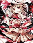  ascot bad_id bad_pixiv_id bat_wings brooch dress fangs fumiko_(miruyuana) hat hat_ribbon highres jewelry mob_cap puffy_sleeves red_eyes remilia_scarlet ribbon sash short_sleeves silver_hair solo touhou white_dress wings wrist_cuffs 