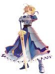  ahoge armor armored_dress artoria_pendragon_(all) blonde_hair dress excalibur fate/stay_night fate_(series) gauntlets green_eyes highres looking_at_viewer saber shirabi solo sword weapon 