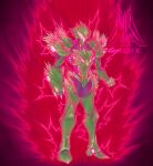  1girl absurdres arm_cannon armor artist_logo artist_name aura biomechanical biopunk carapace clenched_hand dark_aura english_commentary full_body glowing_lines green_armor highres lightning metroid metroid_dread metroid_suit munch_k power_suit power_suit_(metroid) red_aura red_lightning red_visor redesign samus_aran solo spiked_pauldrons spikes spines visor_(armor) weapon 