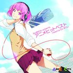  album_cover bag black_legwear blazer bracelet cable cloud cover dutch_angle fence from_side headphones holding holding_bag jacket jewelry legs looking_at_viewer looking_back media_player original pink_eyes pink_hair poaro school_bag school_uniform shirt skirt sky sleeves_rolled_up socks solo white_shirt 