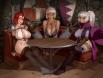  3girls absurdres armor assassin beer_mug black_thighhighs blush boots breasts brown_gloves brown_hair cigarette closed_mouth commission cup elbow_gloves english_commentary fingerless_gloves gloves green_eyes hair_between_eyes highres holding holding_cup holding_smoking_pipe indoors jewelry kairunoburogu large_breasts long_hair looking_at_viewer medium_hair mug multiple_girls necklace open_mouth original paladin ponytail red_hair shield shoulder_armor sitting smile smoking smoking_pipe sword thigh_boots thighhighs weapon white_hair yellow_eyes 