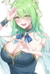  1girl amyu_(amm_asl_pa) antlers black_dress blue_gemstone blue_ribbon blush bracelet breasts ceres_fauna ceres_fauna_(1st_costume) choker cleavage commentary dress eyes_visible_through_hair flower frilled_choker frills gem gradient_hair green_hair hair_between_eyes hair_flower hair_ornament highres hololive hololive_english horns jewelry lace-trimmed_dress lace_trim large_breasts long_hair looking_at_viewer multicolored_hair neck_ribbon open_mouth ribbon shawl simple_background smile solo strapless strapless_dress upper_body virtual_youtuber white_background wrist_cuffs yellow_eyes 