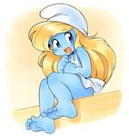  1girl barefoot blonde_hair blue_eyes blue_skin dress feet hat long_hair oyatsu_(mk2) smile smurfette soles solo the_smurfs thighs toes 