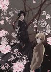  black black_hair blonde_hair branch cherry_blossoms flower green_eyes hands_in_pockets kurosaki_hisoka long_coat long_sleeves looking_at_viewer male_focus miwakok multiple_boys petals purple_eyes short_hair tsuzuki_asato yami_no_matsuei 