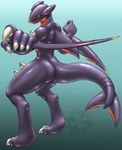  5_fingers anthro anthrofied black_sclera blue_background claws digitigrade dragon fangs fin garchomp hi_res looking_at_viewer looking_back mykiio nintendo plain_background pok&#233;mon pok&eacute;mon purple_body solo spikes standing toe_claws video_games yellow_eyes 