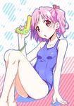  chomo_(asymmate) one-piece_swimsuit original pink_eyes pink_hair school_swimsuit short_hair sitting swimsuit twintails water_gun 