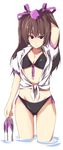  bikini black_bikini bow breasts brown_hair cleavage front-tie_bikini front-tie_top hair_bow hat himekaidou_hatate kamukamu_(ars) long_hair looking_at_viewer medium_breasts open_clothes open_shirt purple_eyes sandals shiny shiny_skin shirt shoes_removed side-tie_bikini solo swimsuit tied_shirt tokin_hat touhou twintails wading water 