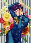  comb flower gakuran higashikata_jousuke jojo_no_kimyou_na_bouken kanimaru male_focus pompadour purple_hair school_uniform solo 