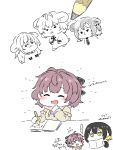  ... 2girls ^_^ artisansg_lily blush closed_eyes cometik_(idolmaster) commentary_request drawing_(action) drawing_(object) flying_sweatdrops hamster highres holding holding_pencil hood hoodie idolmaster idolmaster_shiny_colors ikaruga_luca ikuta_haruki looking_at_another looking_at_object multiple_girls o_o pencil pink_hair simple_background smile spoken_ellipsis suzuki_hana translation_request white_background yellow_hoodie 