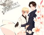  blonde_hair brown_hair cherry_blossoms emptycicada flower green_eyes japanese_clothes kurosaki_hisoka male_focus multiple_boys purple_eyes smile thank_you tsuzuki_asato wide_sleeves yami_no_matsuei 