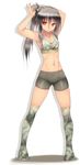  adjusting_hair amano_shinobu armpits arms_up bike_shorts black_hair bra camouflage digital_camouflage highres long_hair midriff navel onibi_(foxhound4185) original ponytail red_eyes shorts simple_background solo thighhighs training_bra underwear 