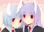  animal_ears aoi_(annbi) blue_hair bunny_ears closed_mouth face jacket looking_at_viewer multiple_girls necktie purple_hair red_eyes red_neckwear reisen reisen_udongein_inaba shirt smile touhou upper_body 