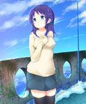  1girl blue_eyes blue_hair braid denim denim_skirt hiradaira_chisaki long_hair nagi_no_asukara pencil_skirt skirt solo sweater thighhighs 