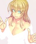  bare_shoulders blonde_hair blue_eyes breasts cleavage hands large_breasts long_hair looking_at_viewer mustard_seeds original simple_background smile solo upper_body yuuji_(and) 