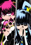  2girls aino_megumi al_bhed_eyes black_eyes blue_hair bow bridal_gauntlets crazy_eyes crown cure_lovely cure_princess happinesscharge_precure! highres magical_girl mini_crown multiple_girls pink_bow pink_eyes pink_hair precure shirayuki_hime short_hair sidelocks smile split_screen tongue wavy_mouth 
