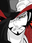 1boy dracule_mihawk facial_hair hat hat_over_one_eye lining male male_focus monochrome mustache one_piece popped_collar shichibukai simple_background solo spot_color 