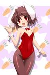  absurdres animal_ears black_legwear blush brown_hair bunny_ears bunnysuit carrot highres inaba_tewi open_mouth pantyhose red_eyes short_hair smile solo touhou wrist_cuffs yanmarson 