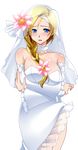  1girl bare_shoulders bianca blonde_hair blue_eyes blush braid breasts bridal_veil bride choker crossed_arms dragon_quest dragon_quest_v dress earrings elbow_gloves embarrassed flower gloves highres jewelry large_breasts long_hair looking_at_viewer nude simple_background solo standing veil wedding_dress white_background 