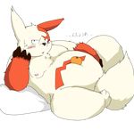  anthro black_nose blush chest_tuft chubby fruit fur japanese_text kemono looking_at_viewer lying mahonex male moobs nintendo nipples normal_type open_mouth overweight pixiv plain_background pok&#233;mon pok&eacute;mon solo text translation_request transparent_background tuft video_games white_fur zangoose 