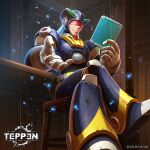  1boy android armor assault_visor black_armor black_helmet blue_hair capcom chair commentary_request copyright_name crossed_legs dynamo_(mega_man) full_body helmet holding indoors ishida_baru light_blue_hair long_hair looking_at_viewer male_focus mega_man_(series) mega_man_x_(series) official_art red-tinted_eyewear robot shoulder_armor sitting smile smirk solo sparkle teppen tinted_eyewear v-shaped_eyebrows 