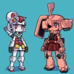  2girls :&lt; armor arms_at_sides blue_background bright_pupils clenched_hands closed_mouth commentary_request eyepatch full_body gundam highres horns humanization izuna_yoshitsune mecha_musume mobile_suit_gundam multiple_girls one-eyed open_hands red_eyes rx-78-2 shadow simple_background single_horn spikes standing thrusters v-fin v-shaped_eyebrows white_pupils zaku_ii_s_char_custom 