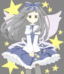  bad_id bad_pixiv_id capelet dress ellipsis_(mitei) fairy_wings grey_background grey_hair grey_legwear juliet_sleeves long_hair long_sleeves looking_at_viewer pantyhose puffy_sleeves ribbon skirt_hold smile solo star star_print star_sapphire starry_background touhou v_arms wind wings yellow_eyes 