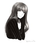  breasts cleavage collarbone greyscale light_smile lips long_hair looking_at_viewer medium_breasts monochrome original poaro shiny shiny_hair shirt simple_background solo striped twitter_username vertical_stripes white_background 