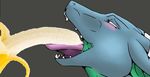  backlash91 banana blue_skin blush dragon fangs female fruit green_eyes green_skin open_mouth reptile scalie teeth tongue tongue_out 