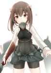  bike_shorts bow_(weapon) brown_eyes brown_hair crossbow flat_chest headband headgear heart highres kantai_collection looking_at_viewer mitsukii pleated_skirt short_hair skirt smile solo taihou_(kantai_collection) thighhighs weapon 