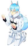  animal_ears blue_eyes blue_hair dog_ears dog_tail ebippoid expressionless fur_trim glasses highres inumuta_houka kill_la_kill kneeling male_focus paw_pose solo tail uniform 