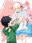  1girl :d ^_^ black_hair blonde_hair blush closed_eyes couple dress happy hetero hinata_(princess_apple) hood hoodie kagerou_project kozakura_marry lifting_person long_hair open_mouth seto_kousuke short_hair smile 