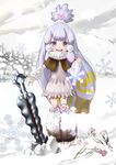  arm_warmers broken_tooth capelet dress flower itezora_konayuki katanagatari leg_warmers long_hair missing_tooth multicolored multicolored_eyes open_mouth pink_eyes smile snow snowflakes solo sword topknot u3_(ibara) waving weapon white_hair 