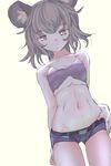  alternate_costume animal_ears bandeau belt brown_eyes collarbone grey_hair hand_on_hip highres ishikkoro jewelry looking_at_viewer midriff mouse_ears navel nazrin ring short_shorts shorts simple_background solo strapless touhou white_background 