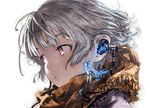  bangs blue_hair brown_eyes brown_scarf cable close-up earphones earpiece gorilla_(mushimushiland) grey_hair looking_to_the_side minigirl on_shoulder open_mouth original parted_lips portrait scarf short_hair silver_hair solo upper_body 