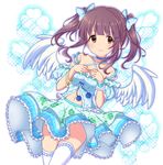  angel_wings bad_id bad_pixiv_id bare_shoulders bow bracelet brown_eyes brown_hair clover criss-cross_halter four-leaf_clover geru_(alpha_discotica) hair_bow halter_top halterneck hands_on_own_chest idolmaster idolmaster_cinderella_girls jewelry leaf_print ogata_chieri skirt smile solo thighhighs twintails white_legwear wings 