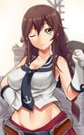  armpits braid breasts brown_hair gloves green_eyes groin hand_on_hip highres kantai_collection large_breasts long_hair machinery midriff mizuse_kouichi navel noshiro_(kantai_collection) one_eye_closed smile solo 