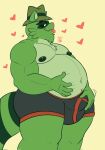 anthro belly blep briefs bulge clothing fedora fur glitchedweasel green_body green_fur groping_bulge happy_tree_friends hat headgear headwear heart_symbol hi_res male mammal moobs navel nipples overweight procyonid raccoon self_grope shifty_(htf) solo tongue tongue_out underwear