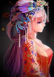  alternate_hairstyle bangs beads bird black_background blue_eyes breasts bride chinese_clothes closed_mouth dress eyebrows_visible_through_hair eyelashes fengguan floral_print flower from_side hair_ornament hair_rings hair_stick half-closed_eyes headdress headpiece highres long_hair long_sleeves medium_breasts megurine_luka okingjo pearl phoenix pink_hair profile simple_background solo tassel upper_body vocaloid wedding_dress 