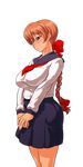  1girl breasts brown_hair cleavage dead_or_alive ears hair_ornament hair_ribbon himukai_kyousuke hips kasumi kasumi_(doa) large_breasts legs long_hair red_eyes ribbon school_uniform simple_background solo tecmo white_background 